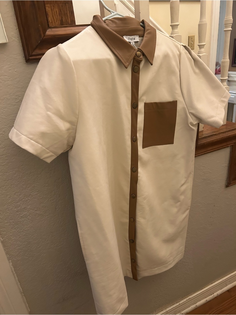 Fate Cream Short Sleeve Button-Down Shirt with Brown Trim/ pleather